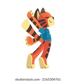 Striped Tiger Character with Orange Fur Wearing Blue Sweatshirt Stretching Vector Illustration