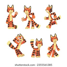 Striped Tiger Character with Orange Fur Vector Set