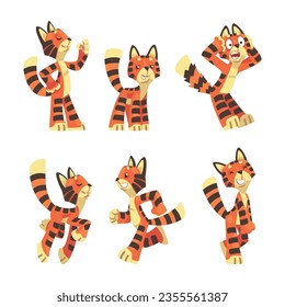 Striped Tiger Character with Orange Fur Vector Set