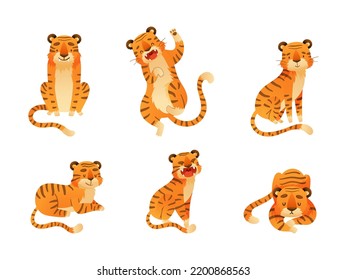 Striped Tiger Character with Orange Shaggy Fur Sitting, Sleeping and Roaring Vector Set