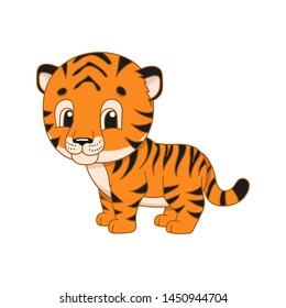 Striped tiger. Cute character. Colorful vector illustration. Cartoon style. Isolated on white background. Design element. Template for your design, books, stickers, cards, posters, clothes.