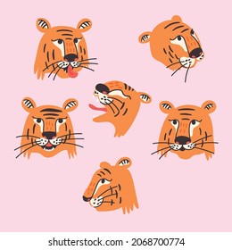 Striped tiger face set. Cartoon predator orange and black color wild cat. Vector flat hand drawn style