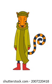 Striped tiger in a hat and coat. Animal. Fall. Winter. Doodle. Vector. Hand-drawn illustration.