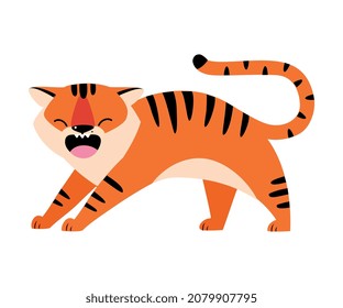 Striped Tiger with Orange Fur Humping and Roaring Vector Illustration