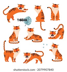 Striped Tiger with Orange Fur Sitting and Stretching Vector Set