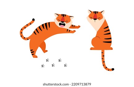 Striped Tiger with Orange Fur Sitting and Jumping Vector Set