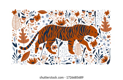 Striped Tiger Prowling Around Rainforest Among Foliage Vector Illustration. Wild Animal and Jungle Foliage Poster