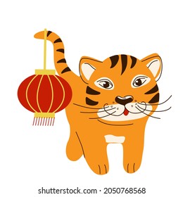 Striped tiger with a red Chinese flashlight, isolated on a white background. A symbol of the year in a hand-drawn style. Vector illustration
