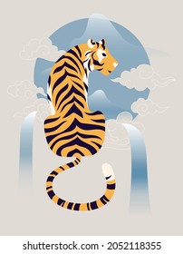 Striped tiger sits its back among eastern clouds, blue mountains and waterfalls. Symbol of coming 2022 Chinese New Year of Tiger. Oriental zodiac sign according to lunar calendar. Vector illustration