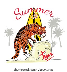 Striped tiger standing on a rock playing surfing illustration  cartoon, vector  animal  character  design white background isolated.