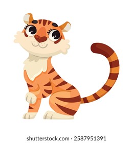 Striped Tiger with Tail as Tropical Animal and Wild African Fauna Vector Illustration