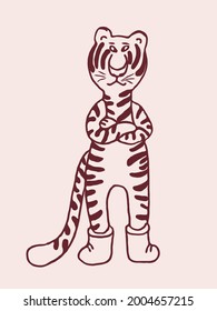 a striped tiger is in warm felt boots and is dissatisfied with something