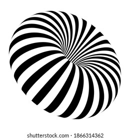 Striped torus on white background. Black stripes on modern circular geometric shape design vector illustration. Graphic optical illusion effect on object with striped pattern.