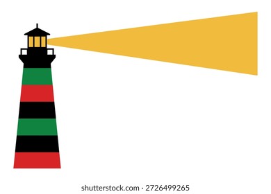 Torre rayada en colores rojo, negro y verde dirigiendo barcos. Icono de baliza de seguridad costera para viajes náuticos.