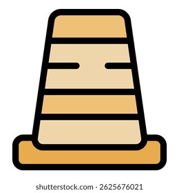 Striped traffic cone standing on a base, designed for managing traffic flow and ensuring safety on roads and construction sites