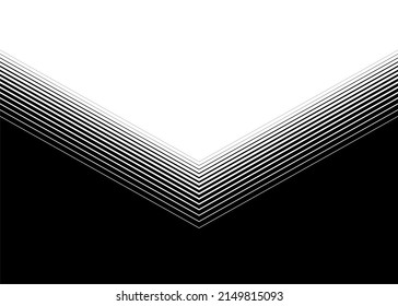 Striped transition from black to white with thin lines in the form of an arrow down. Modern pattern. Modern vector background