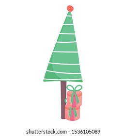 striped tree with gift boxes and ball celebration merry christmas vector illustration