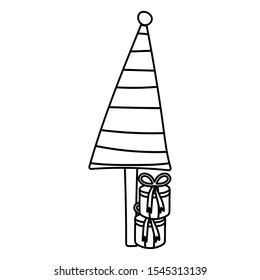 striped tree with gift boxes and ball celebration merry christmas vector illustration thick line