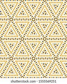 Striped triangle, rhombus, hexagon , dot seamless pattern. Linear geometric background. Vector illustration.       
