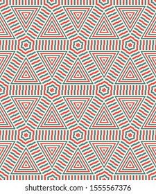 Striped triangle, rhombus, hexagon seamless pattern. Linear geometric background. Vector illustration.      