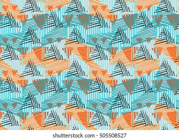 Striped triangles blue orange black.Hand drawn with ink seamless background.Creative handmade repainting design for fabric or textile.Geometric pattern with triangles.Vintage retro colors