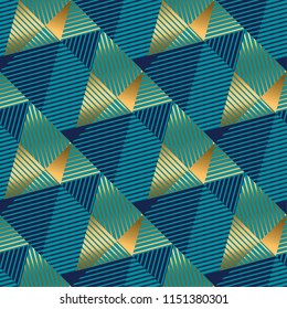Striped triangles gold and blue luxury seamless pattern for background, wrapping paper, fabric, surface design. Stock vector surface design.
