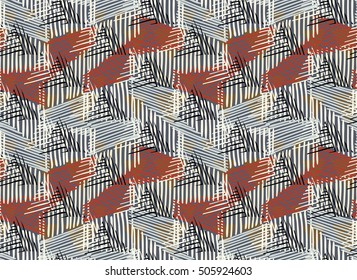 Striped triangles on gray with black.Hand drawn with seamless ink background. Creative handmade painting design for fabric or textile.Geometric pattern with triangles and vintage retro colors