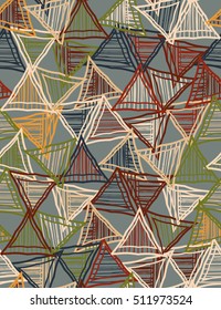 Striped triangles on green overlay.Hand drawn with ink seamless background.Creative handmade repainting design for fabric or textile.Geometric pattern with triangles.Vintage retro colors
