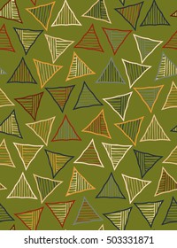 Striped triangles on green.Hand drawn with ink seamless background.Creative handmade repainting design for fabric or textile.Geometric pattern with triangles.Vintage retro colors