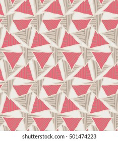 Striped triangles on light.Hand drawn with ink seamless background.Creative handmade repainting design for fabric or textile.Geometric pattern with triangles.Vintage retro colors
