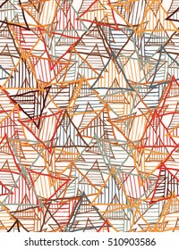Striped triangles on white overlay.Hand drawn with ink seamless background.Creative handmade repainting design for fabric or textile.Geometric pattern with triangles.Vintage retro colors