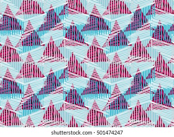 Striped triangles red blue overlay.Hand drawn with ink seamless background.Creative handmade repainting design for fabric or textile.Geometric pattern with triangles.Vintage retro colors