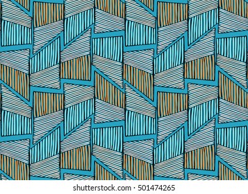 Striped triangular shapes blue.Hand drawn with ink and marker seamless background.Creative handmade repainting design for fabric or textile.Geometric pattern with triangles.Vintage retro colors