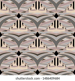 Striped tribal geometric vector seamless pattern. Ethnic style ornamental colorful background. Greek key meanders ornament with stripes, lines, geometrical shapes. Decorative  backdrop in beige colors
