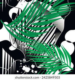 Striped tropical abstract contemporary seamless pattern with green palm leaves, branches, different shapes, black and white stripes, splatters. Hand drawn beautiful modern artistic vector background.