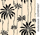 Striped tropical palm trees seamless tropical pattern. Black hand drawn lines, brushstroke, abstract exotic coconut. Vector summer textile design, beach print, wallpaper, repeat background, wrap paper