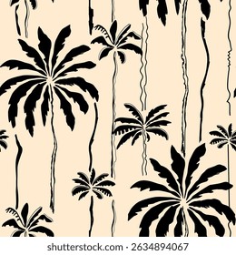 Striped tropical palm trees seamless tropical pattern. Black hand drawn lines, brushstroke, abstract exotic coconut. Vector summer textile design, beach print, wallpaper, repeat background, wrap paper