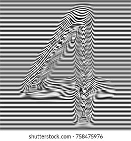 Striped typeface with geometrical pattern character 4 of a numbers font. Vector lettering with glitch effect, black horizontal distorted digital stripes on transparent background.