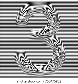 Striped typeface with geometrical pattern character 3 of a numbers font. Vector lettering with glitch effect, black horizontal distorted digital stripes on transparent background.