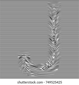 Striped typeface with geometrical pattern letter J of a latin font. Vector lettering with glitch effect, black horizontal distorted stripes on transparent background.