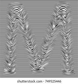 Striped typeface with geometrical pattern letter M of a latin font. Vector lettering with glitch effect, black horizontal distorted stripes on transparent background.