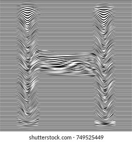 Striped typeface with geometrical pattern letter H of a latin font. Vector lettering with glitch effect, black horizontal distorted stripes on transparent background.