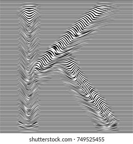 Striped typeface with geometrical pattern letter K of a latin font. Vector lettering with glitch effect, black horizontal distorted stripes on transparent background.