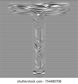 Striped typeface with geometrical pattern letter T of a latin font. Vector lettering with glitch effect, black horizontal distorted alphabet stripes on transparent background.