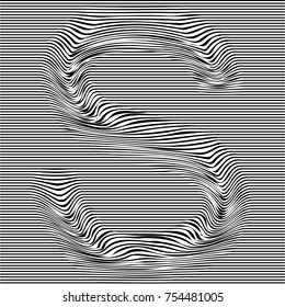 Striped typeface with geometrical pattern letter S of a latin font. Vector lettering with glitch effect, black horizontal distorted alphabet stripes on transparent background.
