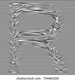 Striped typeface with geometrical pattern letter R of a latin font. Vector lettering with glitch effect, black horizontal distorted alphabet stripes on transparent background.