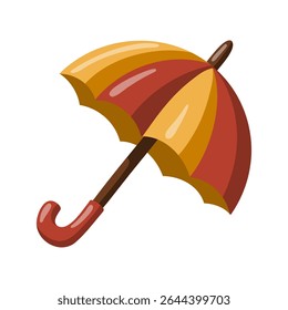 Striped Umbrella in autumn colors red and yellow with curved handle. Fall rainy weather. Cartoon vector illustration