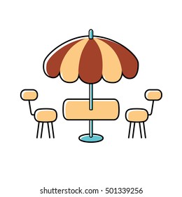Striped umbrella with table and two chairs, outdoor coffee shop or restaurant icon isolated.