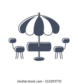 Striped umbrella with table and two chairs, outdoor fast food cafe or restaurant icon.