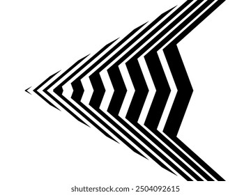 Flecha de Vector rayado hecha de líneas negras sobre un fondo blanco. Elemento de diseño moderno. Patrón deportivo en la carrocería del coche, juguete, navegación. Puntero. Vector de fondo
